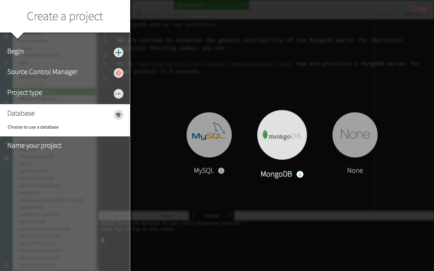 Create project with MongoDB database